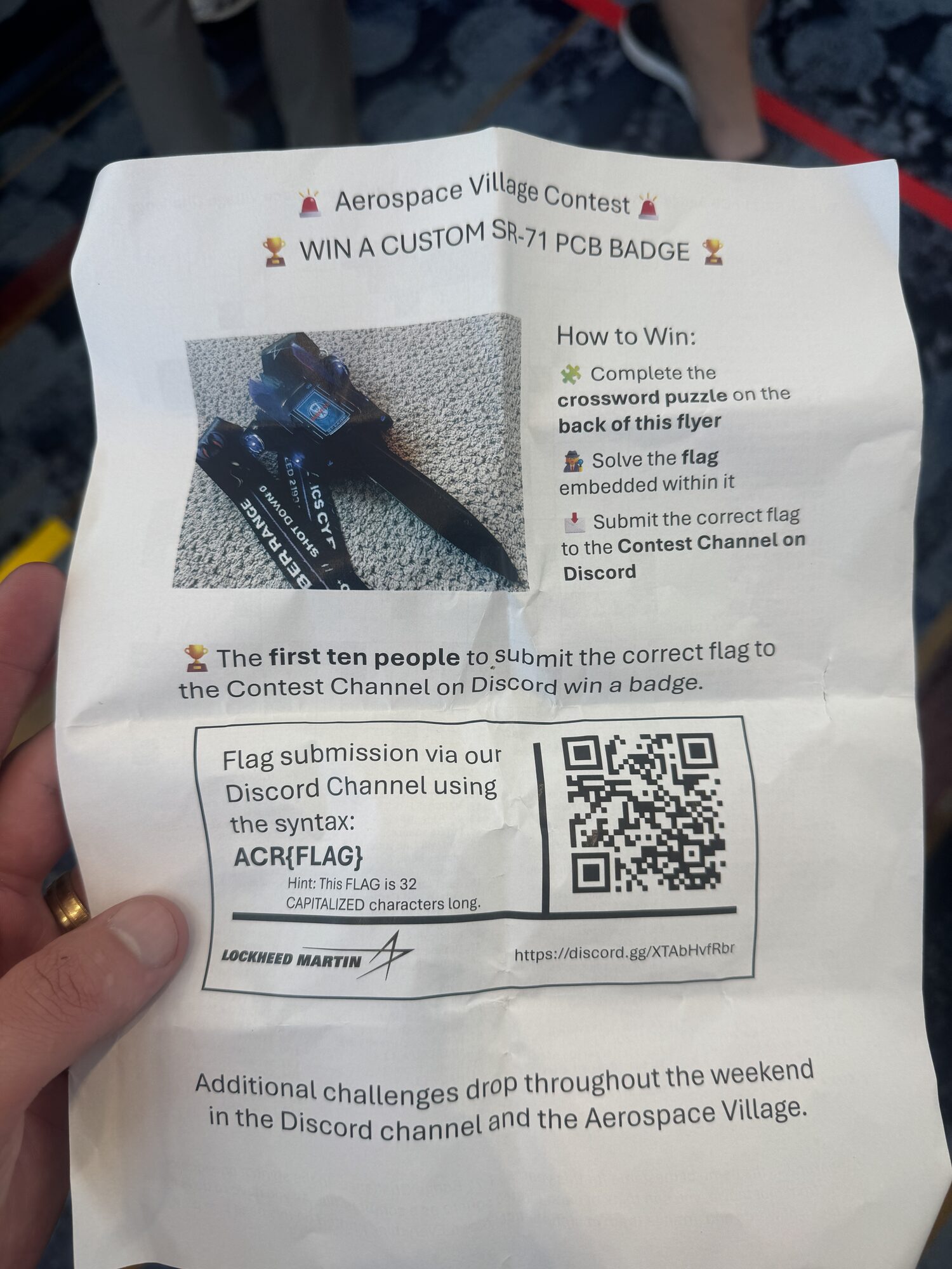 Aerospace Village contest flyer for a custom SR-71 PCB badge