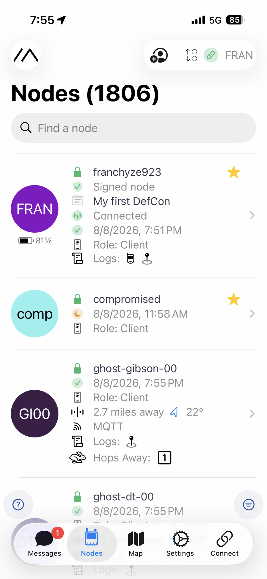 Meshtastic app showing 1,806 nodes on the mesh at DEF CON